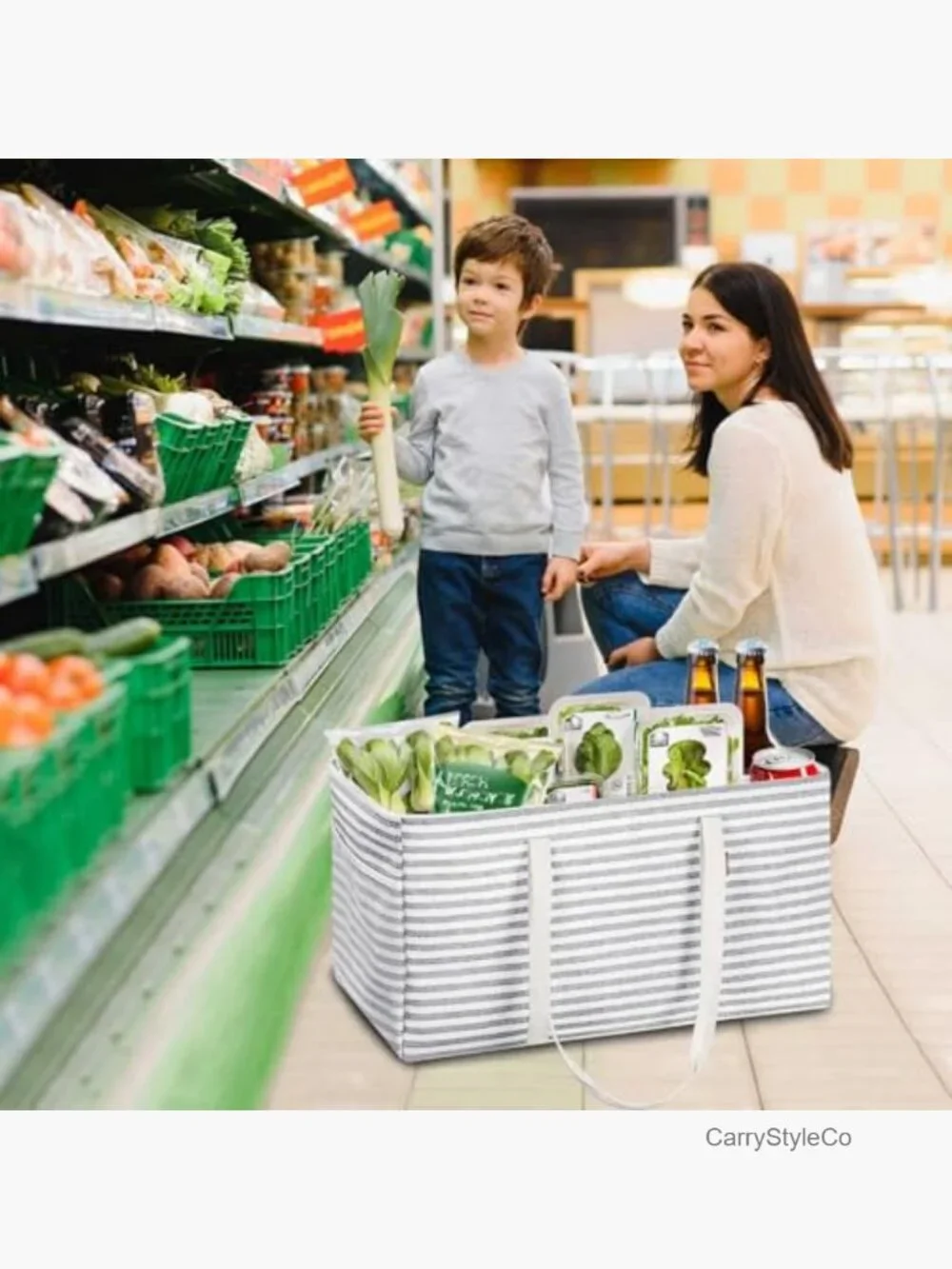Extra Large Utility Tote Bag with Metal Wire Frame, Foldable Reusable Grocery